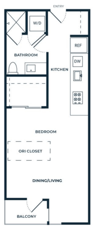 Floor plan for studio, 1 bath, 598 sqft